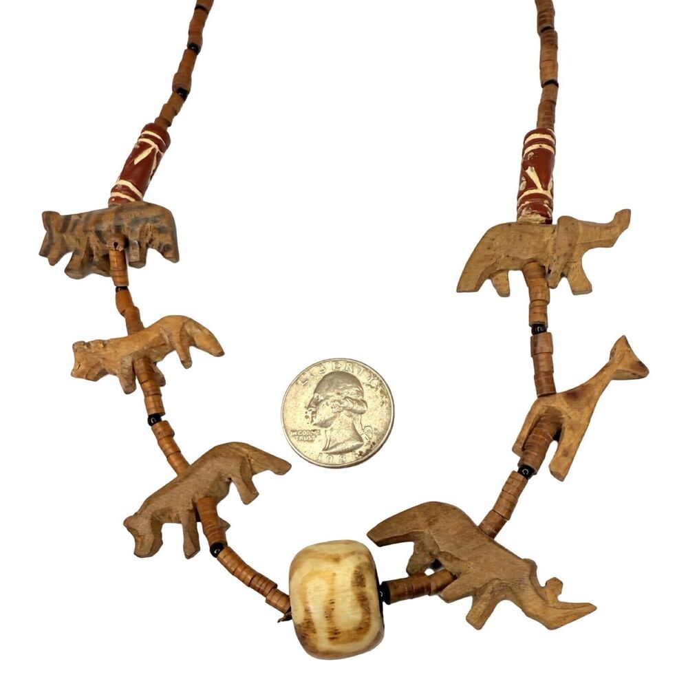 Vintage African Carved Animal Wood Beaded Necklace 29" Wild Safari Trade - Picture 11 of 12